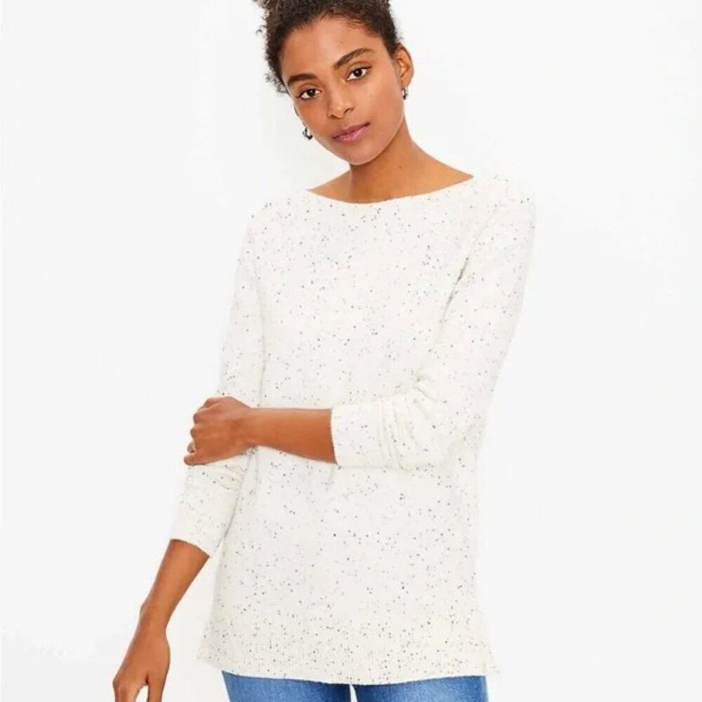 Loft Flecked Boatneck Tunic Sweater / Cream with dark speckles / XL Petite